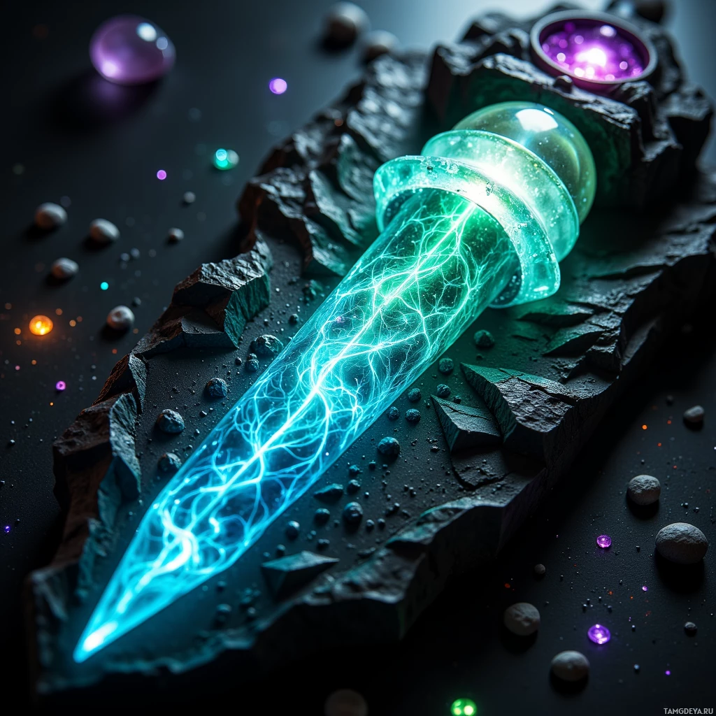 Сияющий кристаллический меч покоится на каменистой поверхности, окружённый рассыпанными драгоценными камнями.