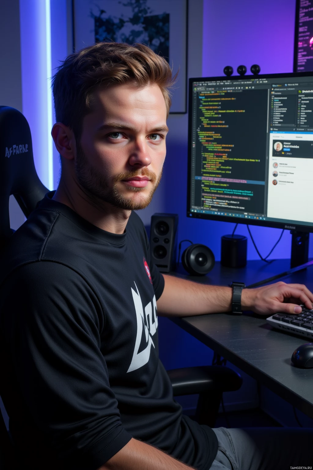 Realistic high quality photo. Man, short light brown hair, blue eyes, pale skin, wearing a black gaming jersey with a white logo and dark gray pants, sits in a modern gaming room with a large monitor displaying green tick marks on code, a Discord chat window on a second screen shows high‑fives, his expression calm and satisfied as his bot completes a patch grind.