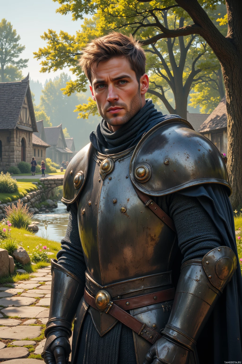 Realistic high quality photo. Male, 40, tall muscular man with short light brown hair, striking blue eyes, calm expression, wearing heavy polished armor and a shield, standing on a stone path at the village boundary at dawn beside a brook with an old oak tree, children playing near the path, morning light casting soft shadows.