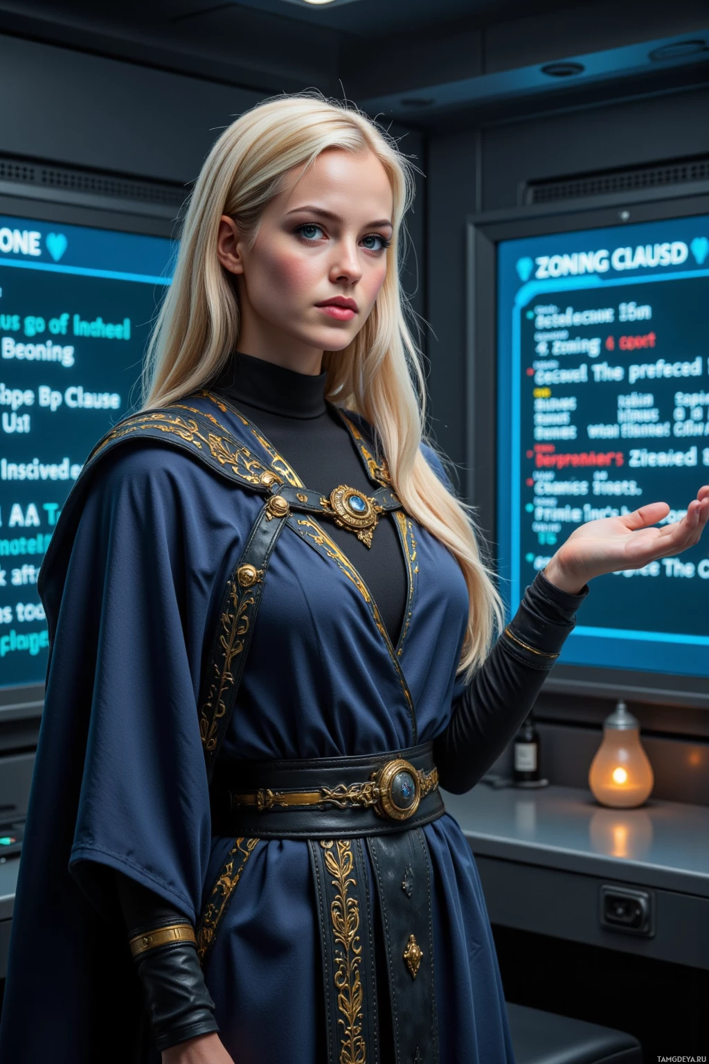 Realistic high quality photo. A 32‑year‑old woman with long blonde hair and blue eyes, wearing a flowing layered robe with reflective patterns and ornate metallic accents, stands in a dim briefing room with holographic displays of zoning code, poised with one hand to counter a projected clause, while a faint glow of her satisfied takedown list flickers on the interface, with drones hovering outside.