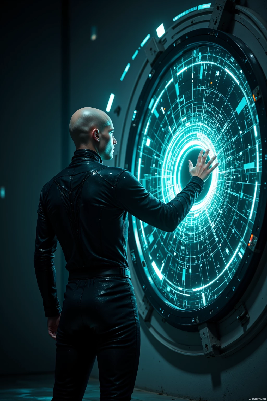 Realistic high quality photo. Male, 20, pale, hairless, flickering glitchy blue‑green eyes, wearing a black, circuit‑etched jumpsuit, standing before a holographic viewport in a dark digital void, static flickering across the screen as he traces looping data patterns, late night.