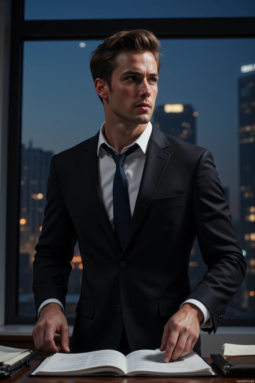 Realistic high quality photo. male, 34, slicked-back light brown hair, piercing green eyes, tailored black suit with crisp white shirt and slim tie, standing at a polished office desk at midnight, holding an open ledger, tense posture, gazing out at a dimly lit city background through windows, modern realism