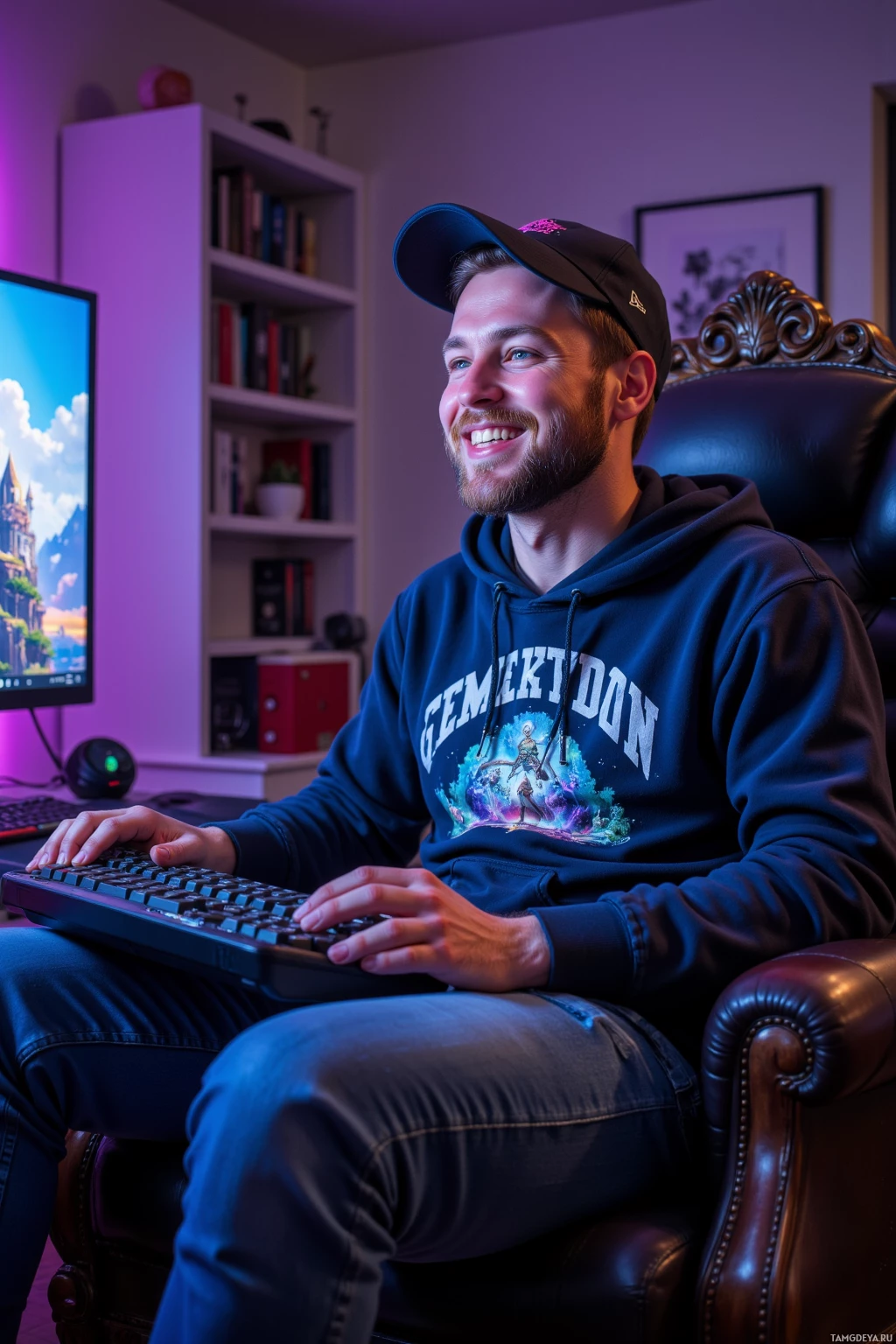 Realistic high quality photo. A 32‑year‑old man with short light brown hair, bright blue eyes, wearing a baseball cap tilted back, hoodie over a graphic tee, relaxed‑fit jeans, sitting on a sofa throne in a modern living room, his glowing computer monitor displaying a retro RPG, ambient lights flickering, he grins broadly.