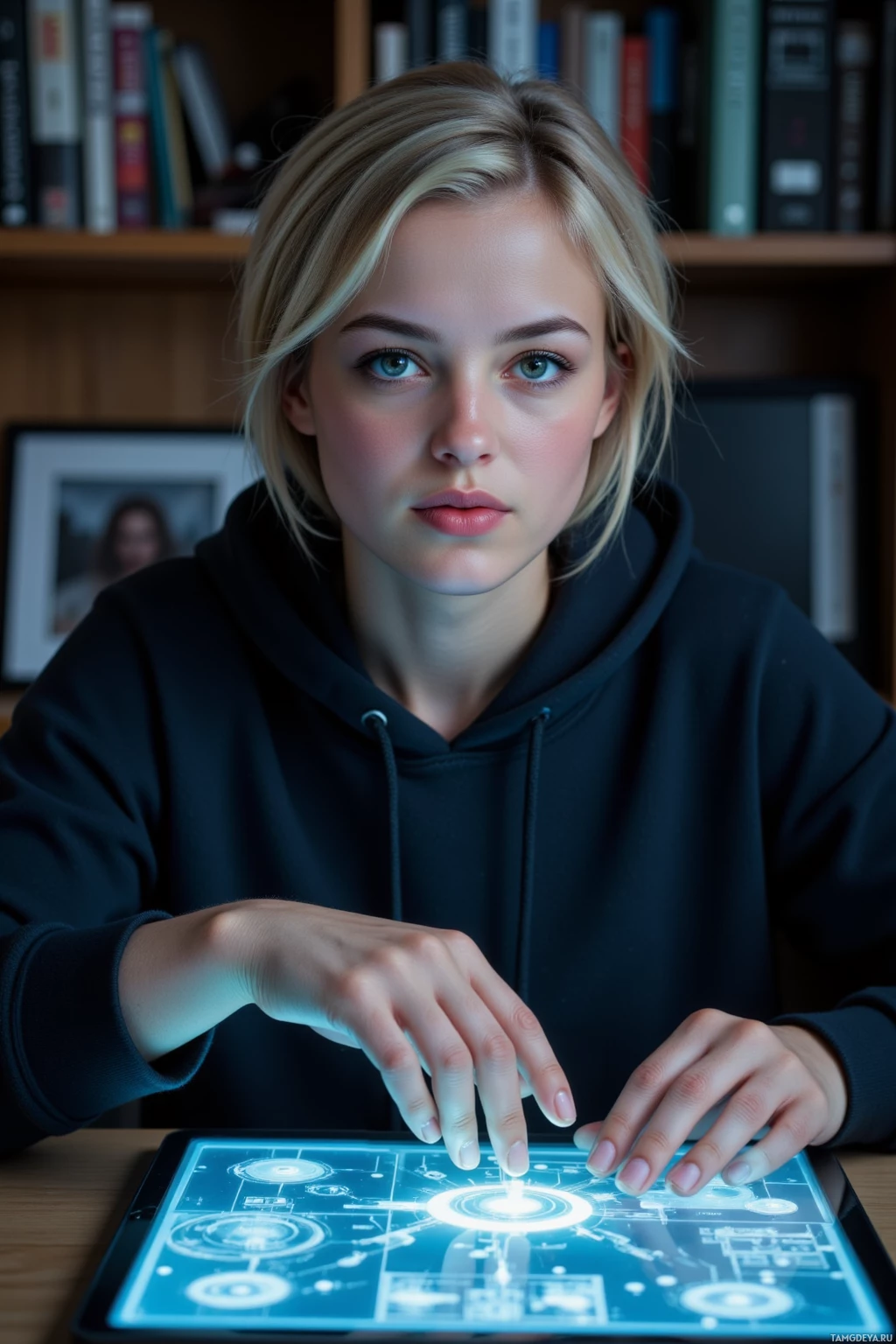 Realistic high quality photo. 28‑year‑old woman with short messy blonde hair, green eyes, porcelain skin, heart‑shaped face, wearing a loose dark hoodie and black jeans, seated at a desk in a dimly lit home office at night, her hand hovering over a floating holographic board that emits playful mockery, a sly smirk mixing sarcasm and warmth on her face, modern realism.