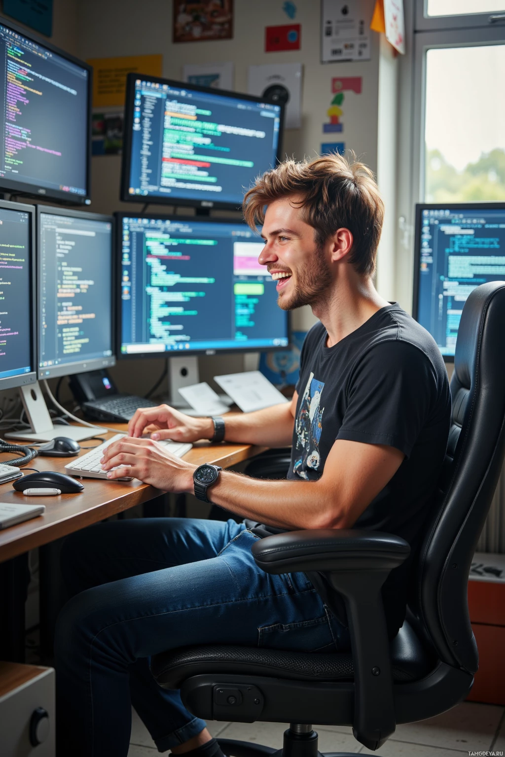 Realistic high quality photo. A 25-year-old man with messy brown hair, bright blue eyes, pale skin, wearing a white black t-shirt, dark blue skinny jeans, and black sneakers, laughing while typing on a cluttered desk with multiple monitors showing glitchy code and flashing patterns, afternoon light streaming through a window, rebellious and mischievous mood.