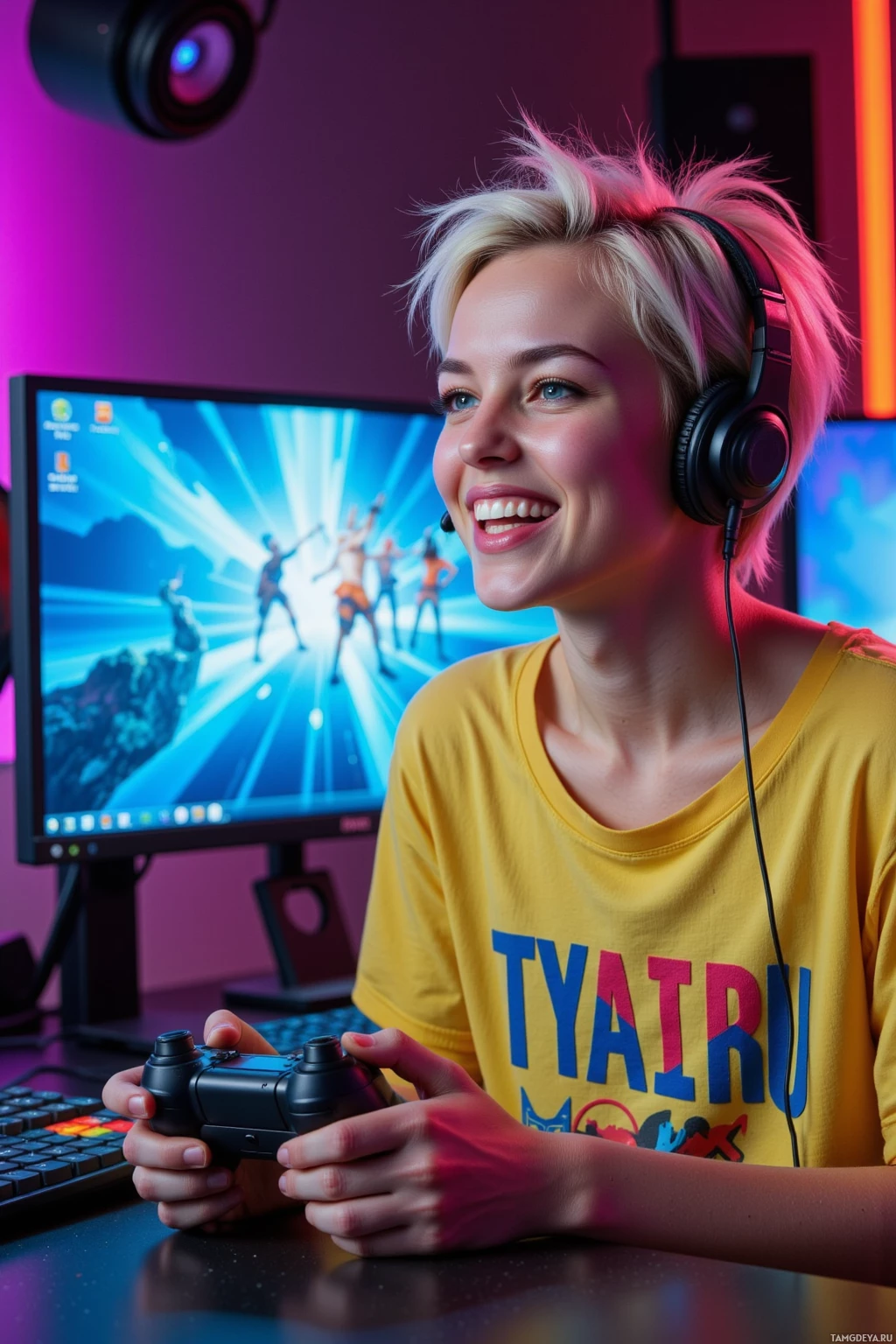 Realistic high quality photo. Female streamer, 29, short spiky blonde hair, piercing blue eyes, wearing a bright gaming‑themed shirt, laughing with a game controller in hand, standing before a modern streaming desk with three monitors displaying pixelated game footage, LED strip lights, scrolling alert notifications, headset on, studio lights softly glowing, late evening.