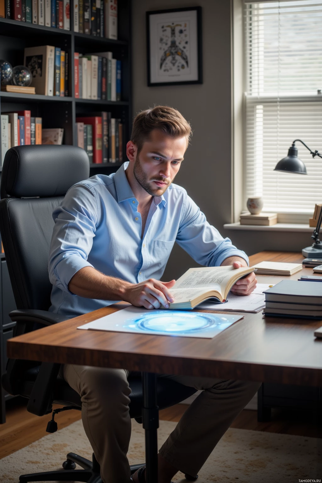Realistic high quality photo. Male, 30, neat light brown hair, clear blue eyes, pale skin, wearing a crisp light blue shirt with rolled‑up sleeves and beige chinos, sitting at a modern home office desk, aligning a holographic index of Star Wars scripts with a 7‑inch analog catalog, surrounded by sci‑fi books, a small desk lamp, and late afternoon light through blinds, showing meticulous focus and a calm, thoughtful expression.