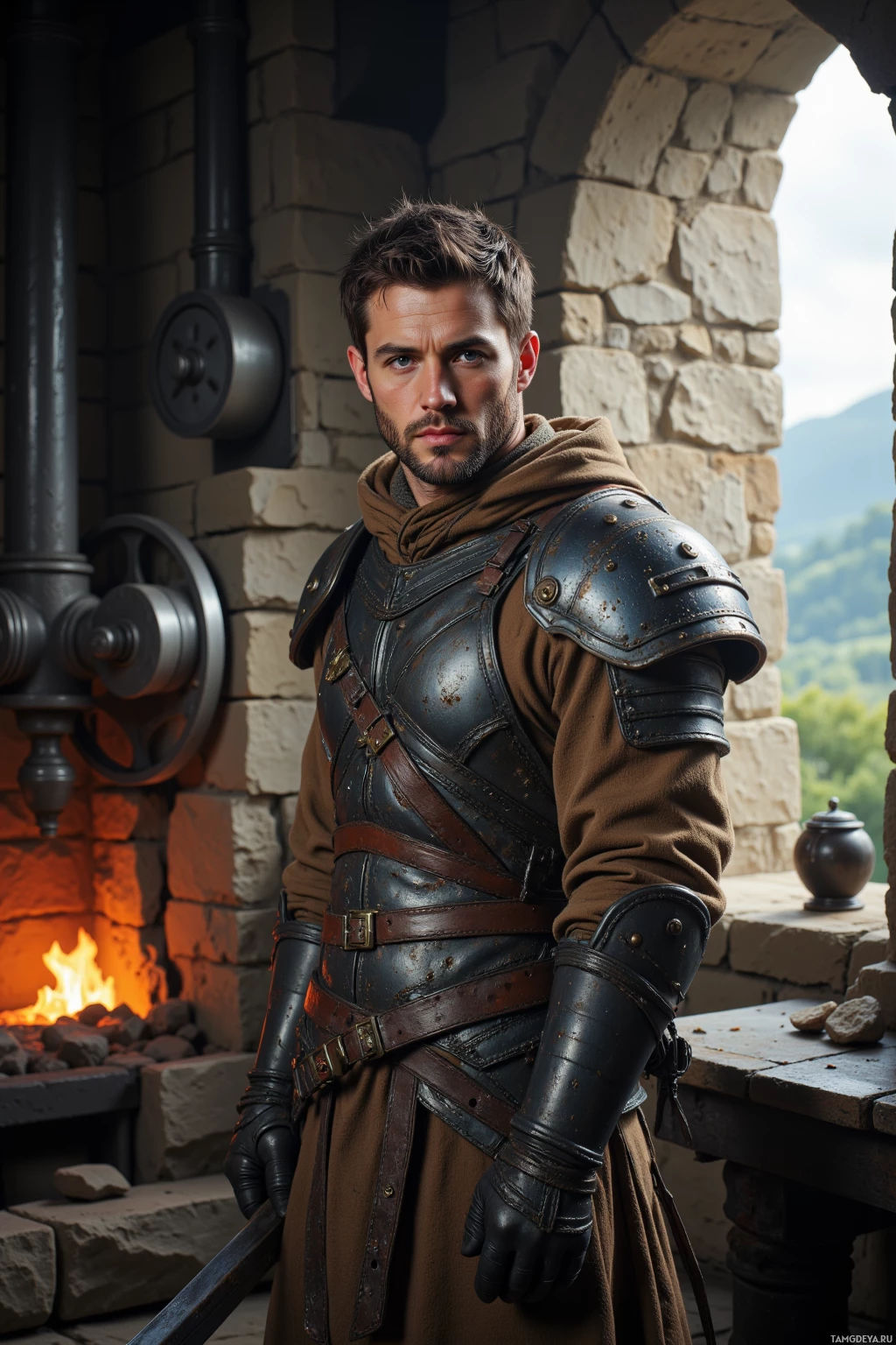 Realistic high quality photo. 33 year old rugged man with short dark brown hair, piercing blue eyes, strong jawline, weathered features, wearing simple worn leather armor and holding a sword, standing alone in an ancient forge with clanking metal gears and stone walls, a glowing forge hearth, a valley beyond the window, dawn light filtering in, his posture stoic and resolute, embodying solitary strength.