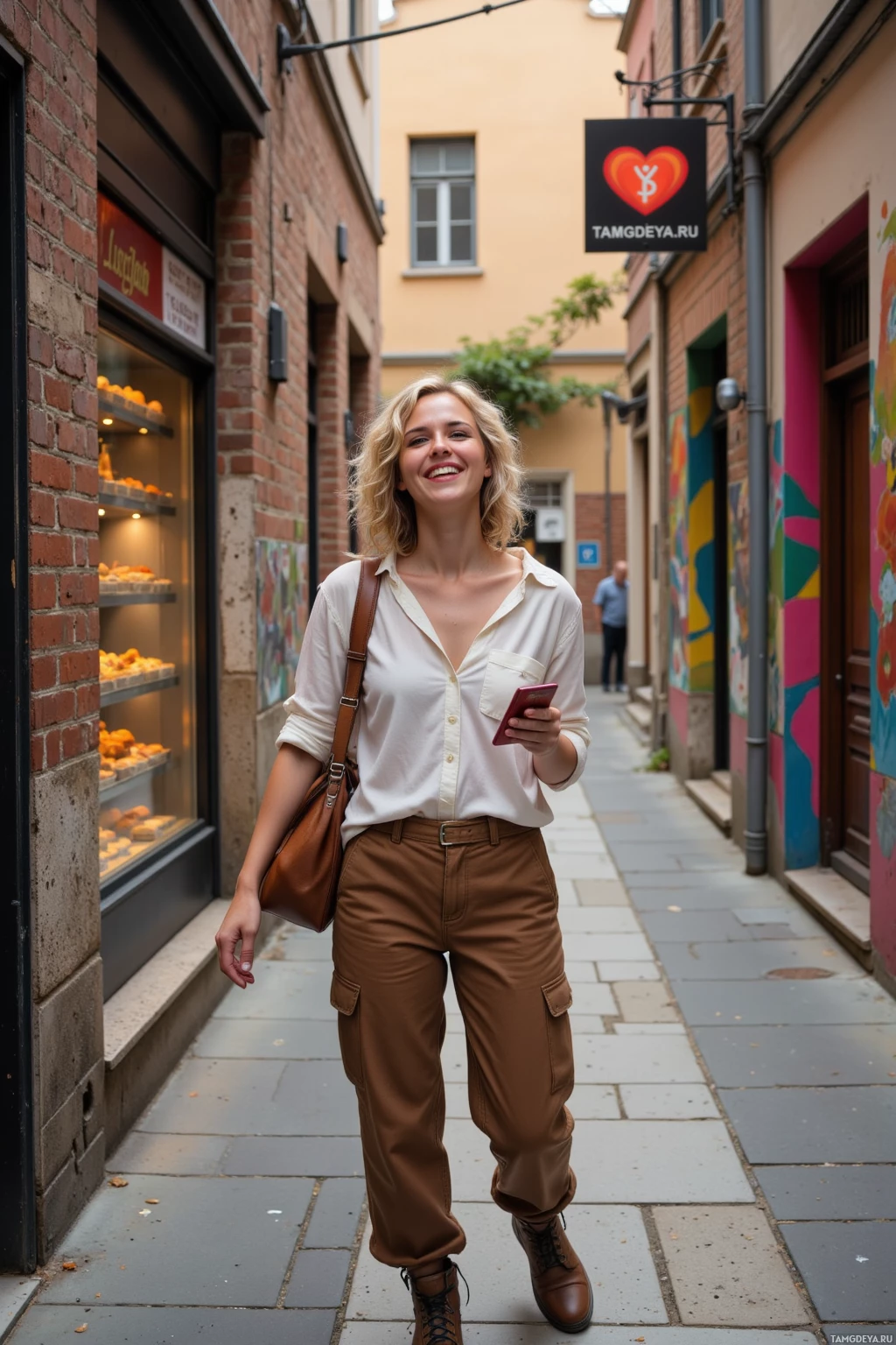 Realistic high quality photo. Woman, 25, short curly blonde hair, bright blue eyes, wearing a lightweight white blouse, loose brown pants, sturdy hiking boots, laughing while holding a passport stamp in a forgotten back‑street with old brick walls echoing song, standing beside a bakery with wax‑covered pastries, then walking into a brightly painted gallery with bold art displays, late afternoon light filtering through the narrow alley.