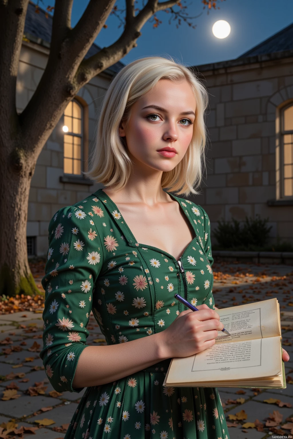 Realistic high quality photo. A 27‑year‑old woman with a platinum blonde chin‑length bob, green eyes, porcelain skin, wearing a vintage floral dress with a fitted bodice and full skirt that falls just above her knees, stands in a moonlit courtyard under ancient oaks, tracing a forgotten poem on a faded photograph whose edges curl like autumn leaves, with stone walls, quiet night air, and silvered dreamlike light surrounding her.