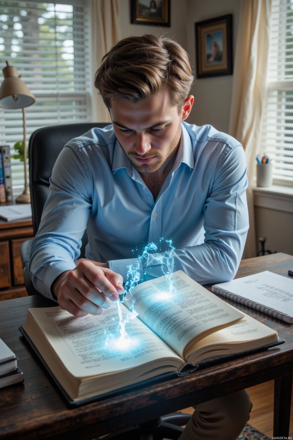 Realistic high quality photo. Male, 30, neat light brown hair, clear blue eyes, pale skin, wearing a crisp light blue shirt with rolled‑up sleeves and beige chinos, sitting at a modern home office desk, aligning a holographic index of Star Wars scripts with a 7‑inch analog catalog, surrounded by sci‑fi books, a small desk lamp, and late afternoon light through blinds, showing meticulous focus and a calm, thoughtful expression.