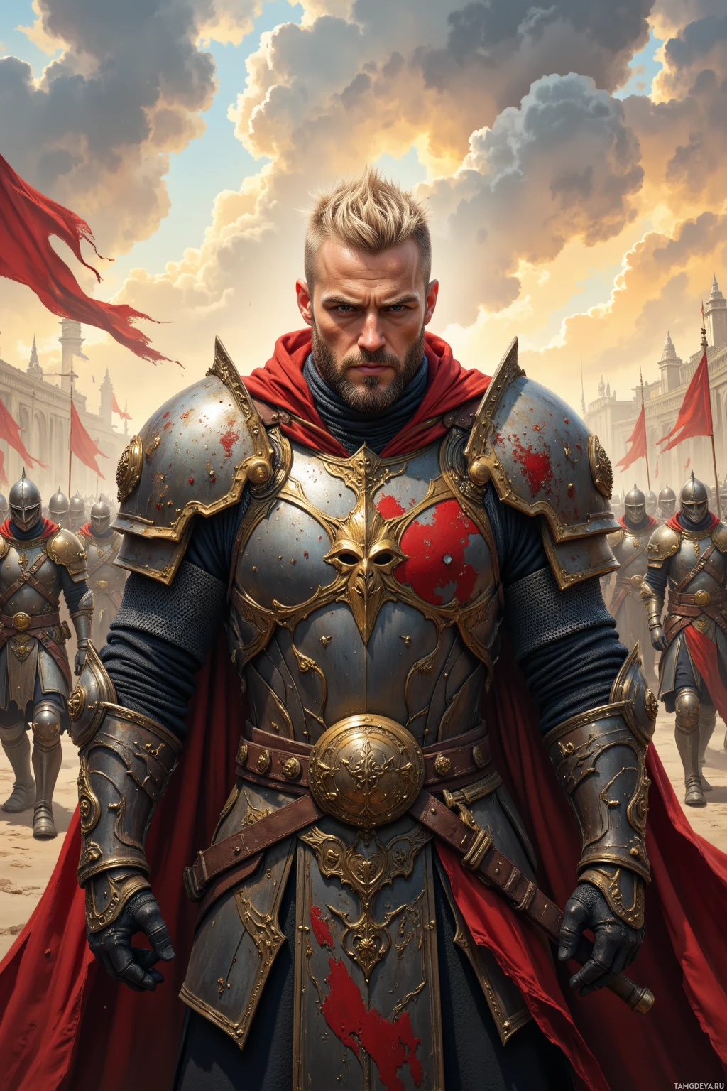 Realistic high quality photo. Male, 38, rugged man with short blonde buzz cut, piercing blue eyes, pale weathered skin, wearing imposing battle armor adorned with power symbols, holding a massive sword, standing center of dawn battlefield with fluttering banners in wind, army moving as a single pulse behind him, calm and commanding.