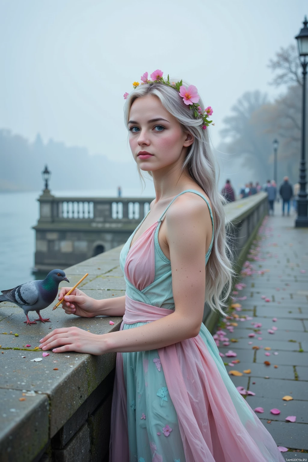Realistic high quality photo. A 27‑year‑old woman with long flowing silver hair, bright blue eyes, fair glowing skin, wearing a layered pastel dress with translucent flowing sleeves and a loose braid woven with wildflowers, standing on an old stone bridge under a light foggy sky, sketching hopeful lines on the bridge’s railing while whispering to a corridor of scattered petals, with curious pigeons perched nearby, twilight light casting a gentle glow.