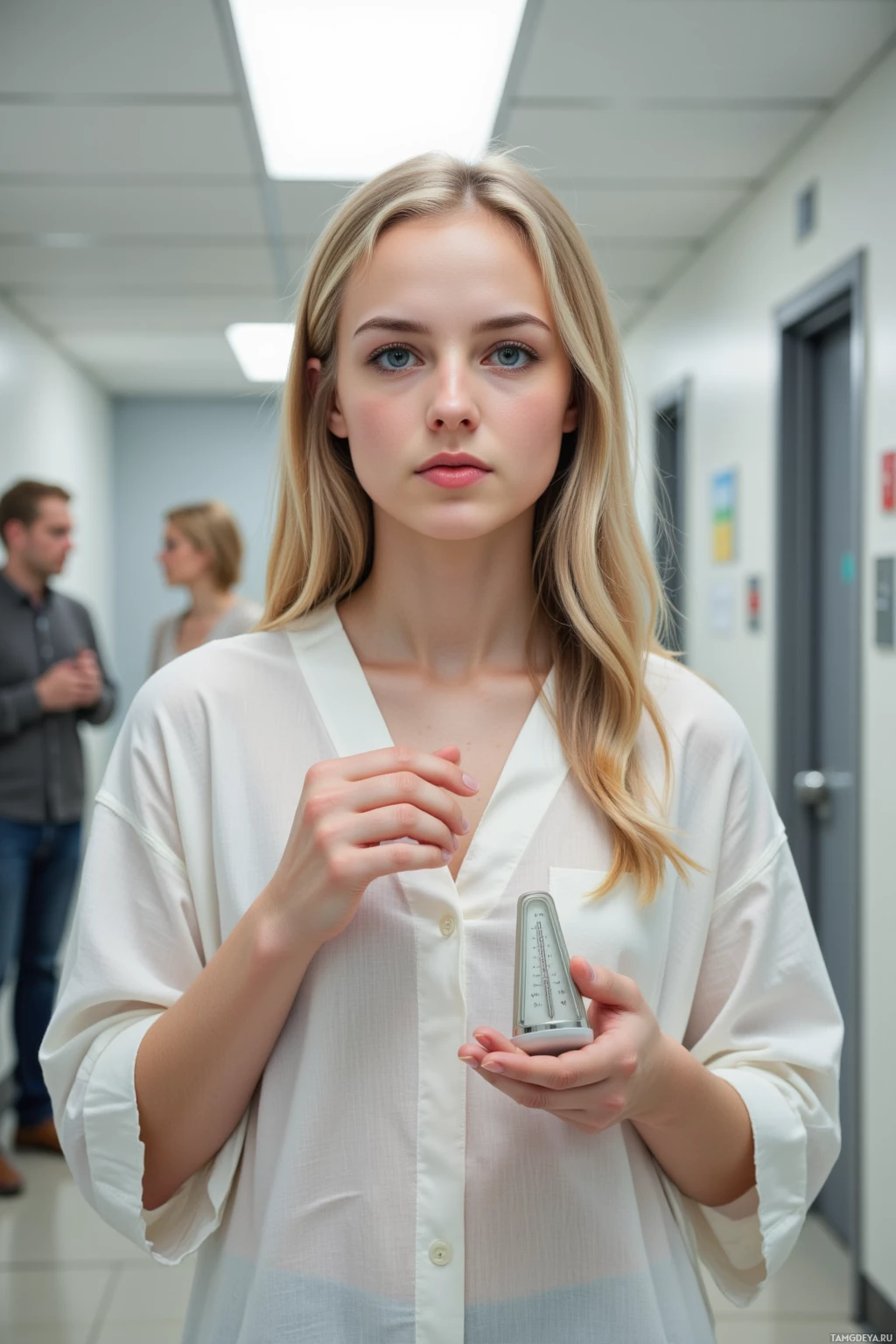 Realistic high quality photo. A 25‑year‑old woman with long light blonde hair and serene blue eyes, wearing a loose white cotton tunic, standing in a fluorescently lit hallway with echoing walls, holding a small ticking metronome while a neighbor chats softly in the background, her posture calm yet slightly tense, mid‑afternoon.