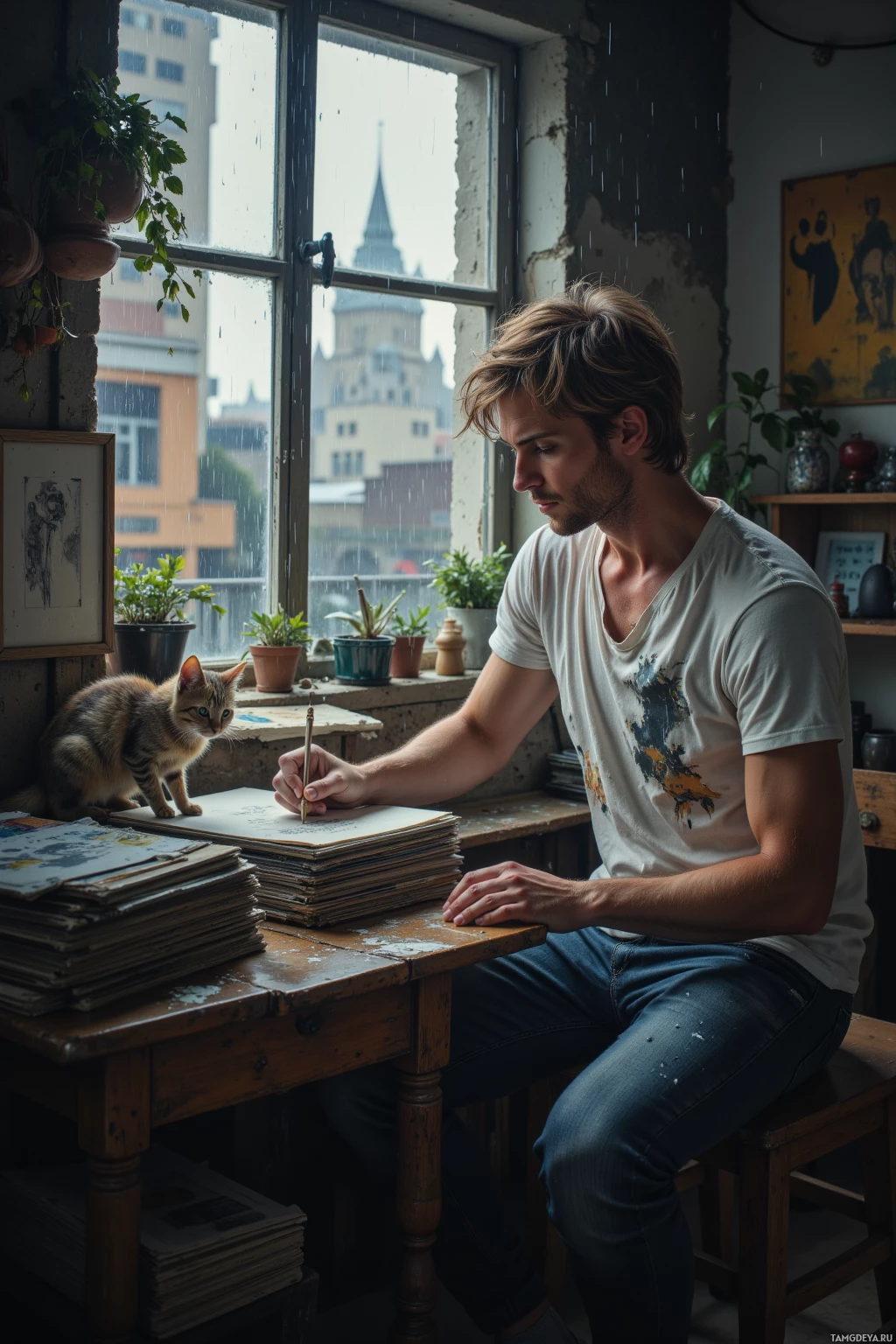 Realistic high quality photo. A 31‑year‑old man with messy blonde hair, blue eyes, pale skin, in a loose white t‑shirt and faded jeans, sits at a wooden table in a dim studio with rain drumming on the window, staring at a half‑completed charcoal sketch, while a stray cat leaps onto a stack of old vinyl records and the distant city hum fills the air.