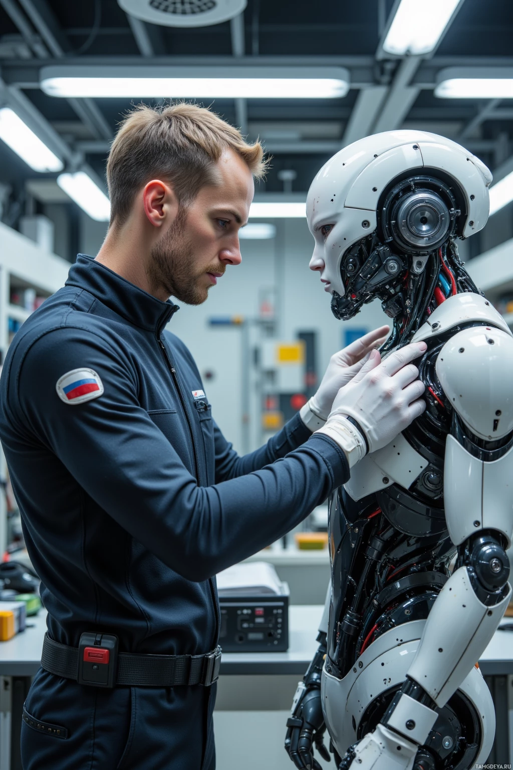 Realistic high quality photo. A meticulous 40‑year‑old male engineer with short light brown hair, blue eyes, wearing a sleek futuristic jumpsuit with metallic accents, tightening the wrist joint of a humanoid chassis in a sterile high‑tech workshop illuminated by crisp overhead lights, surrounded by precise sensor arrays and tools, his posture tense and focused, embodying obsessive precision.