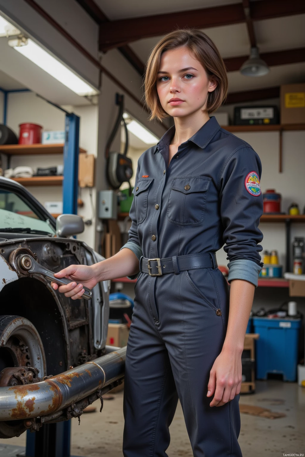 Realistic high quality photo. A 26‑year‑old woman with short brown hair, blue eyes, in a fitted mechanic’s jumpsuit with rolled sleeves and sturdy sneakers, standing in a cluttered garage on a Sunday afternoon, greasy hands holding a wrench as she works on a 1998 V6 car’s exhaust system, oil dripping onto the floor amid scattered tools and car parts.