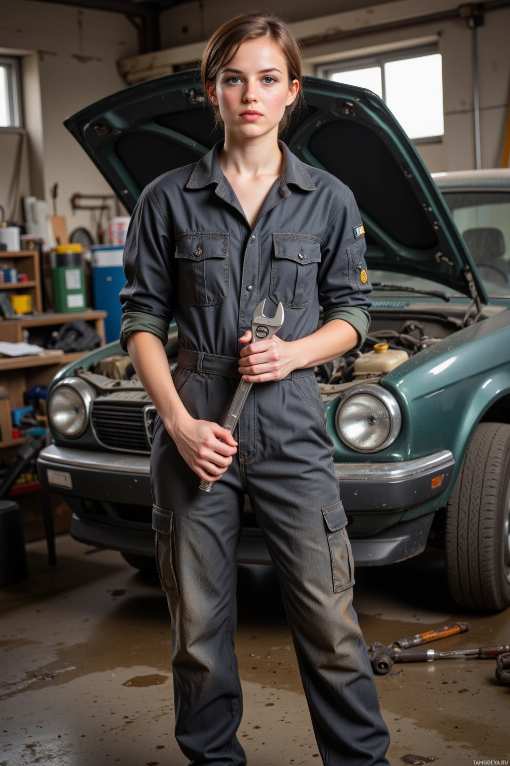 Realistic high quality photo. A 26‑year‑old woman with short brown hair, blue eyes, in a fitted mechanic’s jumpsuit with rolled sleeves and sturdy sneakers, standing in a cluttered garage on a Sunday afternoon, greasy hands holding a wrench as she works on a 1998 V6 car’s exhaust system, oil dripping onto the floor amid scattered tools and car parts.