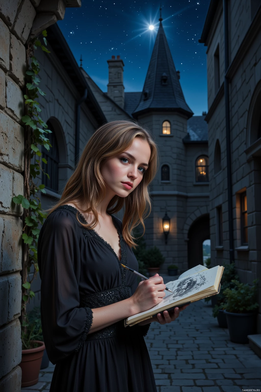 Realistic high quality photo. Female, 30, wavy light brown hair, piercing blue eyes, wearing a long flowing black dress with intricate lace, stands in a dim stone alley at midnight, sketching charcoal lines that bleed onto a notebook as ink drips into the darkness while a single stubborn star pierces the night sky above.