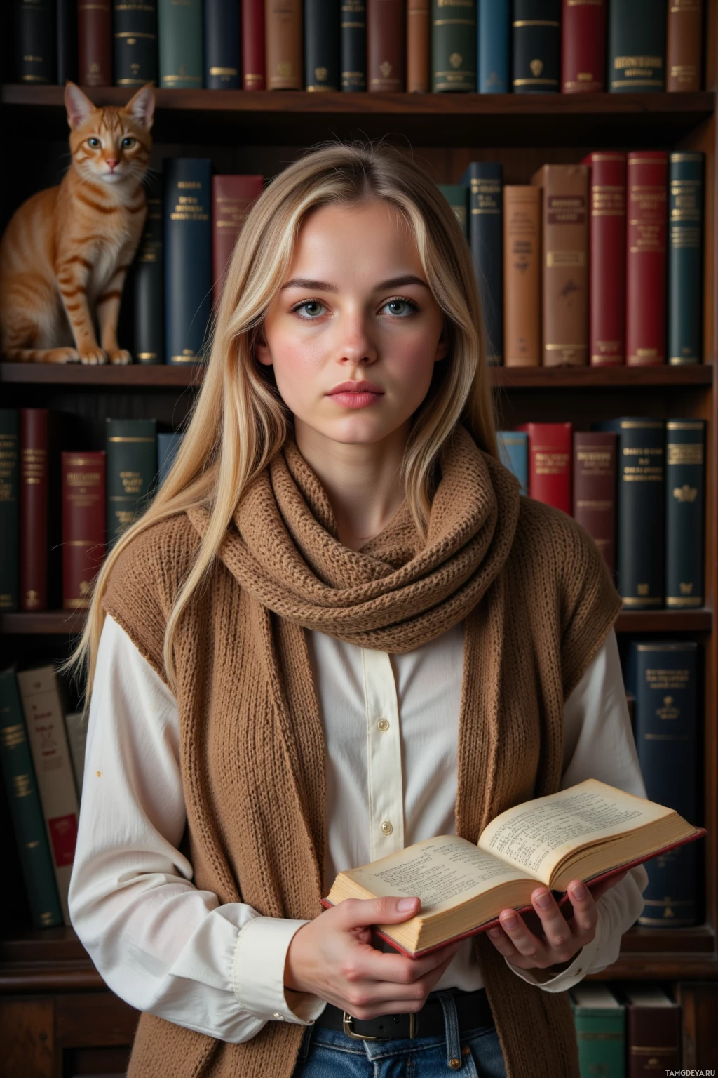Realistic high quality photo. Woman, 31, long blonde hair, blue eyes, wearing a cozy knitted sweater over a white shirt and a loosely wrapped scarf, standing in a dimly lit study with shelves of books, a cat perched on a shelf rearranging volumes, she holds a dusty index book and a key to a small safe on the third shelf, modern realism.