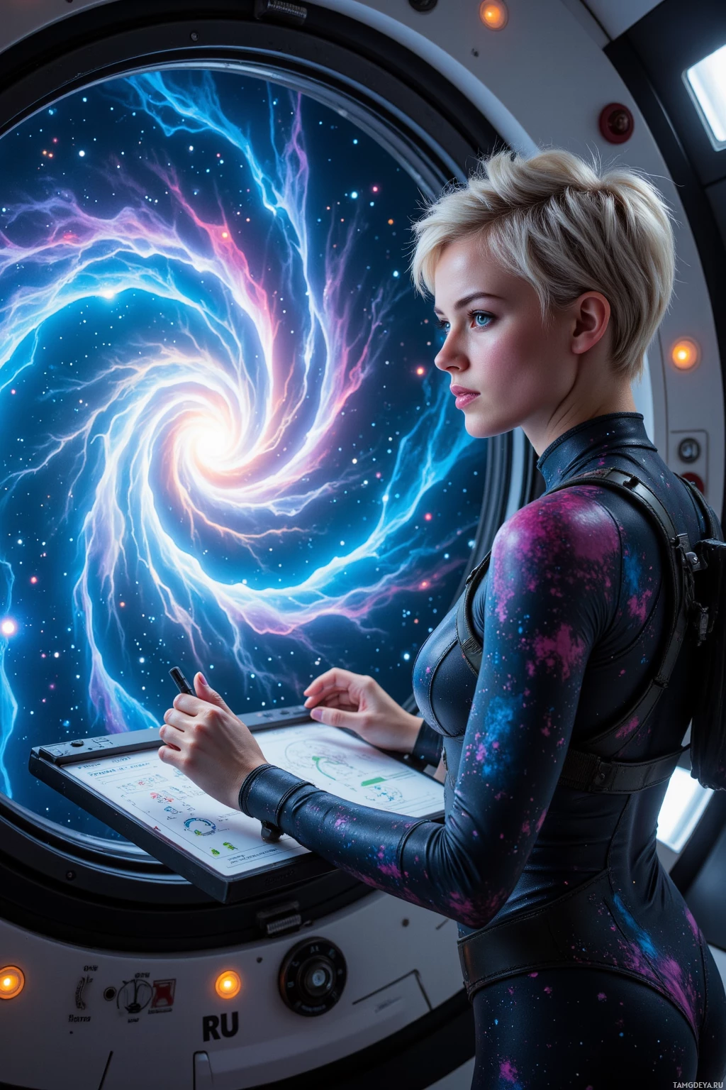 Realistic high quality photo. Female cosmic navigator, 26, short spiky blonde hair, bright blue eyes, radiant white skin, wearing a sleek nebula-patterned bodysuit with subtle jetpack straps, standing in a futuristic spaceship cockpit at night, staring through a viewport at a swirling pulsar reef, ion lanterns glow around her, she holds a holographic navigation console with swirling charts, expression calm amid chaotic starfield.