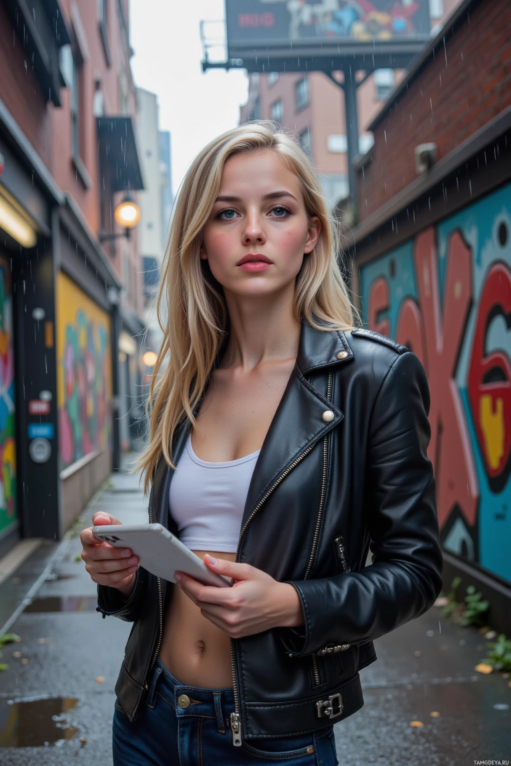 Realistic high quality photo. Woman, 24, shoulder-length blonde hair, blue eyes, fair skin, black leather jacket, white tank top, dark jeans, sketching in a rain‑soaked narrow alley with fresh asphalt and street murals, a derelict billboard in the background, subway trains humming overhead, evening light filtering through puddles, posture thoughtful and restless.