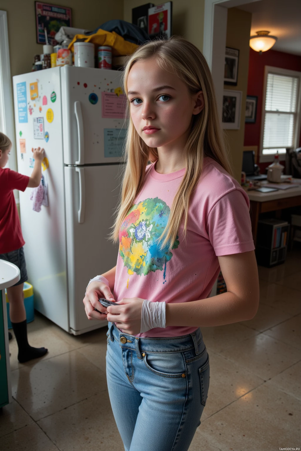 Realistic high quality photo. A 16‑year‑old girl with blonde braids and bright blue eyes, wearing a colorful graphic t‑shirt, light blue jeans, and black socks, stands in a cluttered living room covered in glitter and open diapers, holding a glitter glove and a stack of paper tickets while a fridge displays a forgotten group project sheet and a sibling peeks from behind, soft night light filtering through the window.