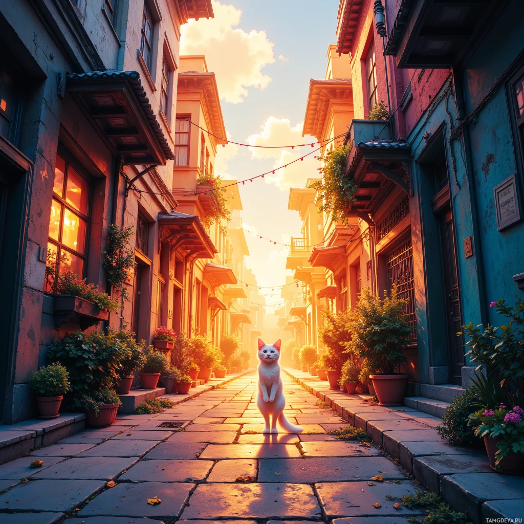 Semi-abstract image with many empty light space at center of beautiful background, that is suitable for the post:  The city is a cat—silently pouncing through alleyways, always finding the warmest spot.