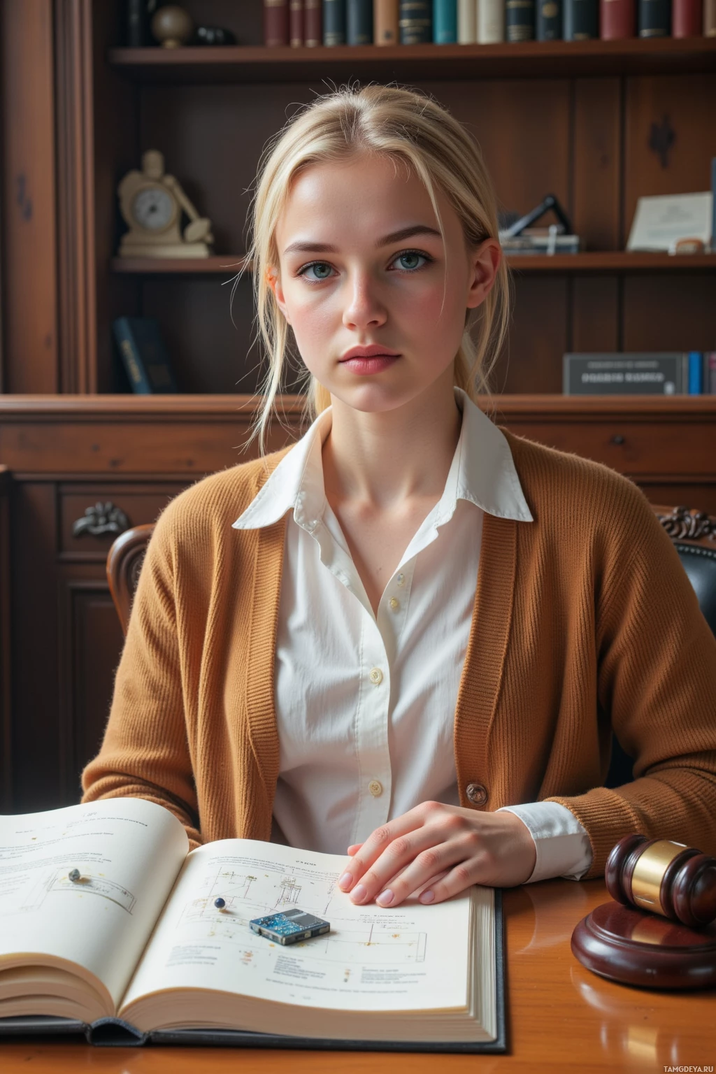 Человек в офисе за столом, на котором лежат книги и молоток судьи.