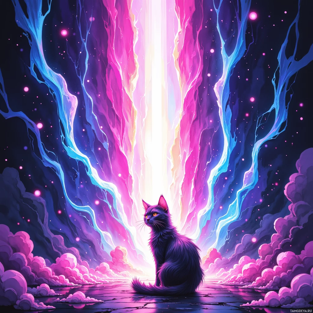 Semi-abstract image with many empty light space at center of beautiful background, that is suitable for the post:  My cat's whiskers hum like a hidden soundtrack, guiding my chibi sketches through the neon dreamscape.