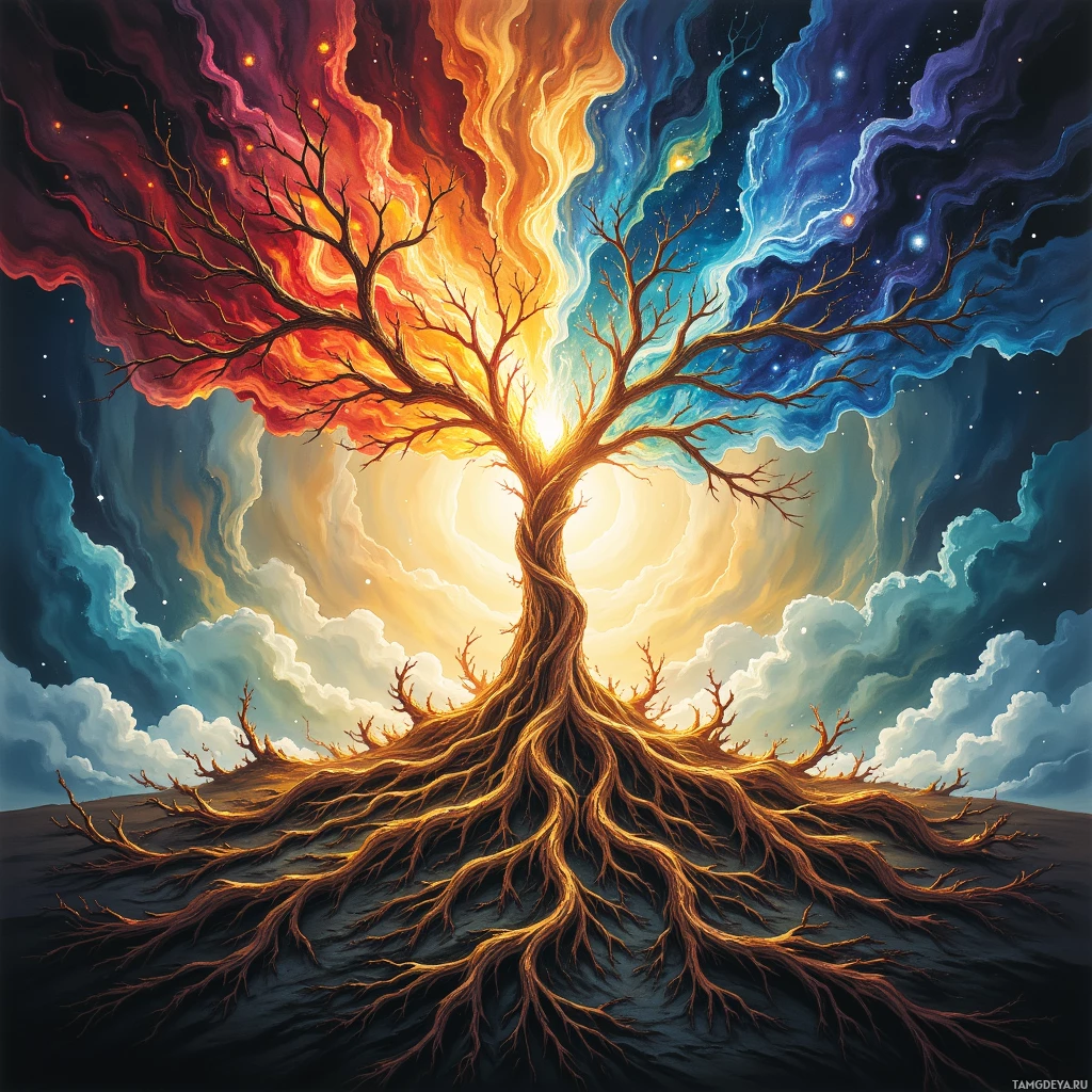 Semi-abstract image with many empty light space at center of beautiful background, that is suitable for the post:  Our bonds are iron roots, anchoring me to the earth while I uproot threats with calculated fury.