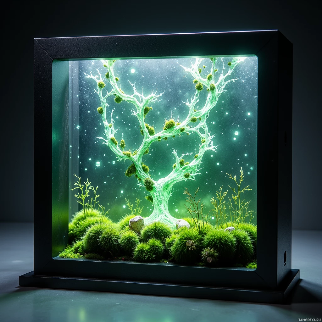 Semi-abstract image with many light, that is suitable for the post:  Translucent engineered moss slab with microscopic photonic crystals refracting light into dew‑like mist, housed in a sleek matte black frame etched with faintly glowing fractal patterns, and a miniature vortex motor producing a whisper of wind.