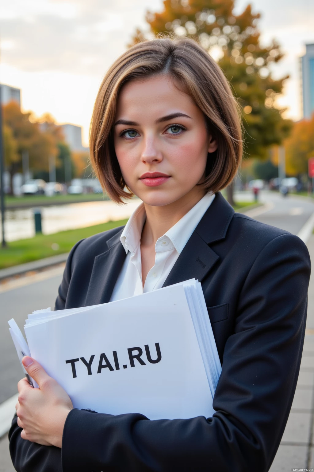 Человек в деловом костюме держит папку с надписью "TYAI.RU".