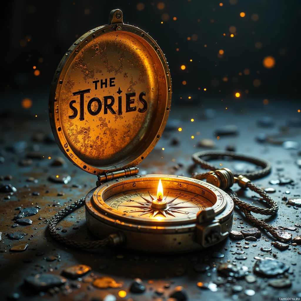 Открытый компас с надписью "THE STORIES" на крышке лежит на влажной поверхности, окружённый мерцающими частицами на заднем плане.