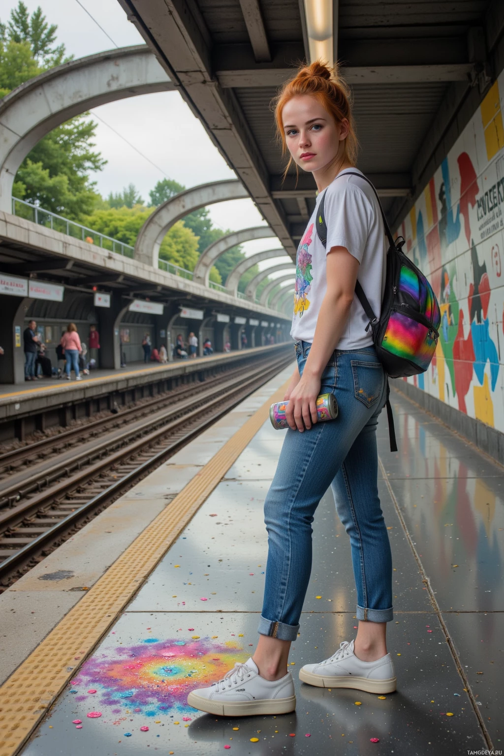 Realistic high quality photo. Woman, 23, bright red messy hair, blue eyes, pale skin, sly grin, jeans, quirky graphic tee, sneakers, backpack with spray cans, spray painting a tiny burst of bright neon on grey subway tiles at a corner, a low‑beat loop tape taped to a pillar, glitter trail turning a hurried commuter's shoes into confetti as they step, platform echoing with the commuter's startled laugh, modern urban subway station interior with late afternoon light streaming through skylight, comedic chaotic atmosphere.