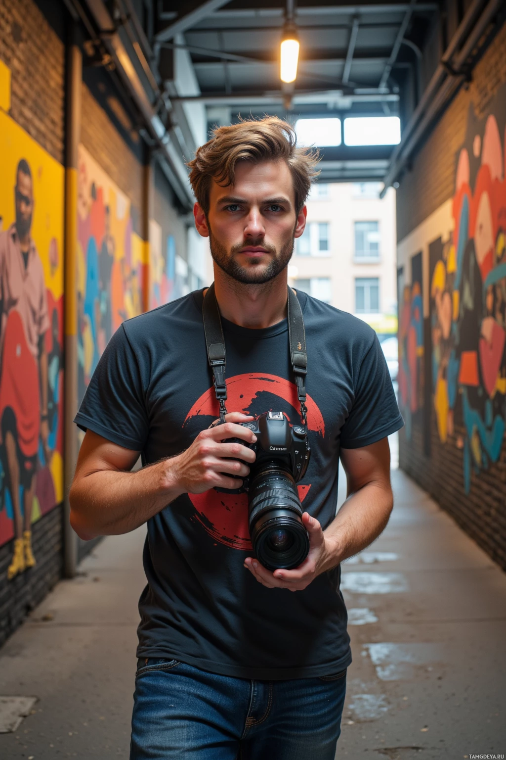 Realistic high quality photo. 29‑year‑old man with light brown hair, bright blue eyes, warm skin, wearing a casual graphic t‑shirt and jeans, camera slung around his neck, strolling through a narrow back corridor between an old printing plant and a new cinema, photographing a vivid wall mural while a flickering billboard light buzzes overhead and distant traffic hums in the background.