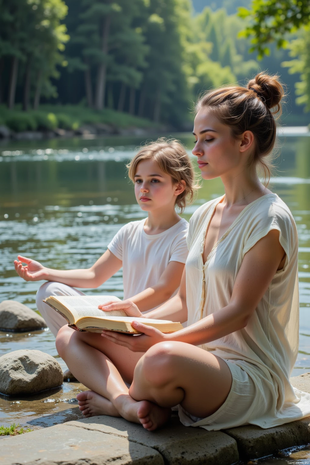 Realistic high quality photo. Calm 30‑year‑old woman with curly brown hair tied back, brown eyes, smooth skin, wearing loose comfortable meditation‑style clothing, walking along a riverbank with cool stone, holding an ancient book, gently guiding a smiling child in a breathing exercise beside the water at mid‑afternoon