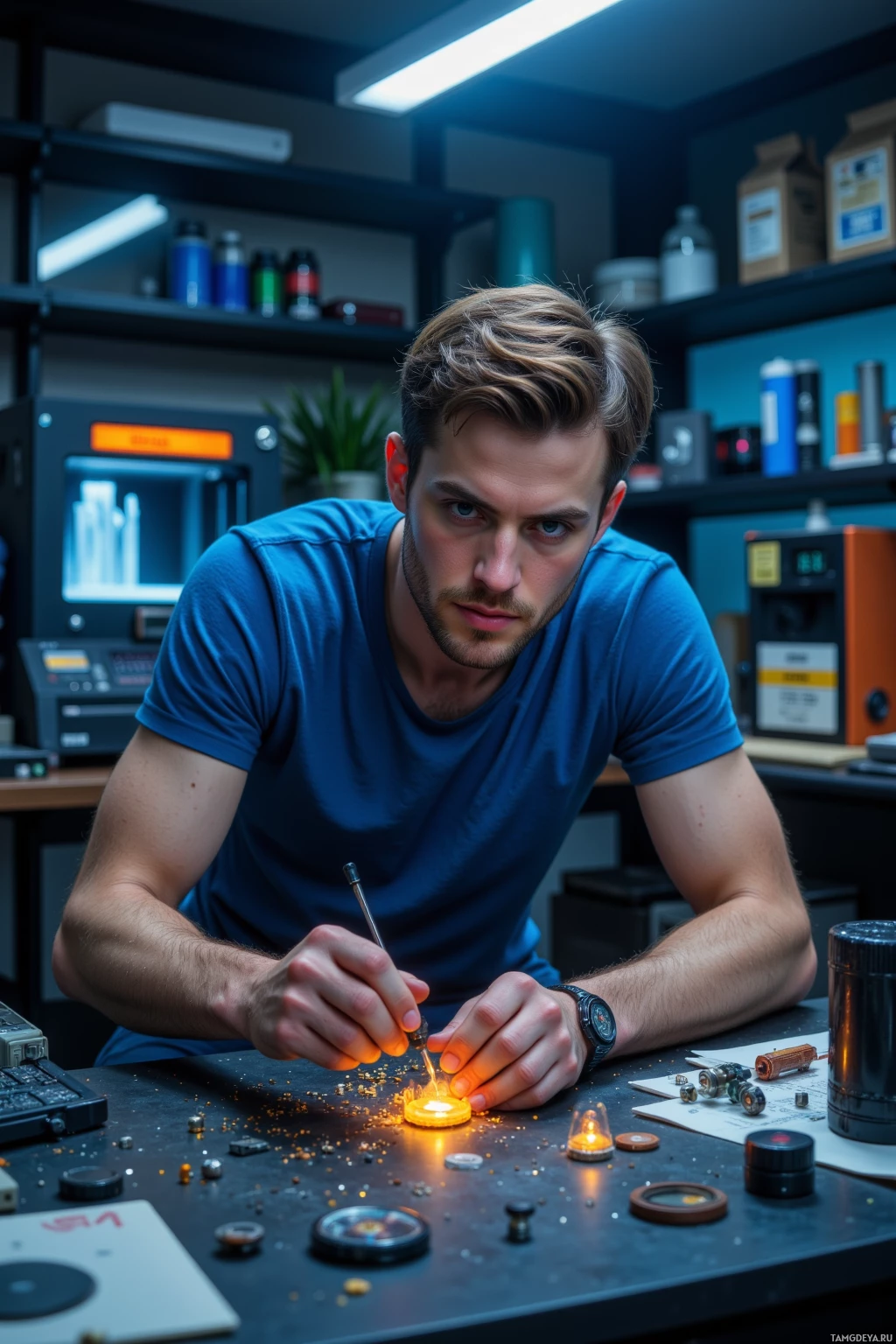 Realistic high quality photo. A 25‑year‑old male tinkerer with short brown hair, bright blue eyes, fit build, wearing a blue t‑shirt and jeans, hunched over a glowing 3 mm nano‑gyro in a dimly lit futuristic workshop with holographic displays and a 3D printer, late night at 02:17, soldering and surrounded by scattered components, a half‑finished prototype, and a tiny pocket‑sized compass, reflecting a restless, focused mood.