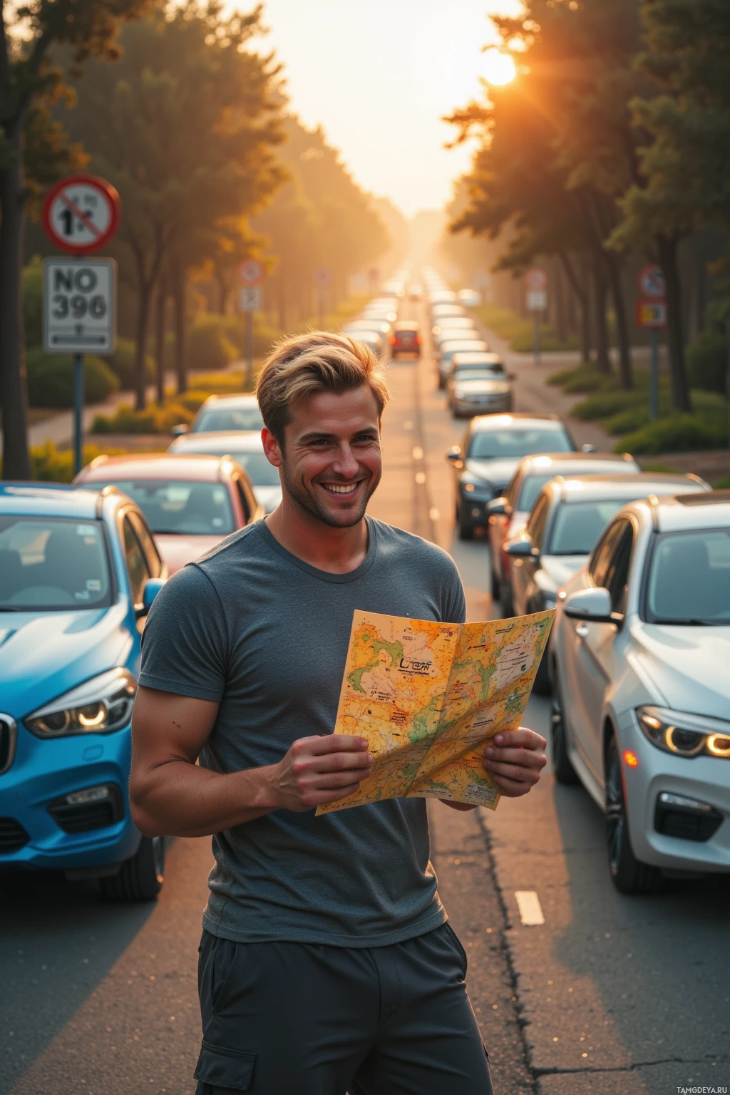 Realistic high quality photo. Man, 27, short blonde hair, bright blue eyes, fair skin, wearing a fitted T‑shirt and sports shorts with sneakers, laughing on a sunrise trailhead surrounded by cars in a traffic jam, holding a map that reads “Lost,” with a “No Fun Zone” sign visible, early morning light illuminating a modern park setting.