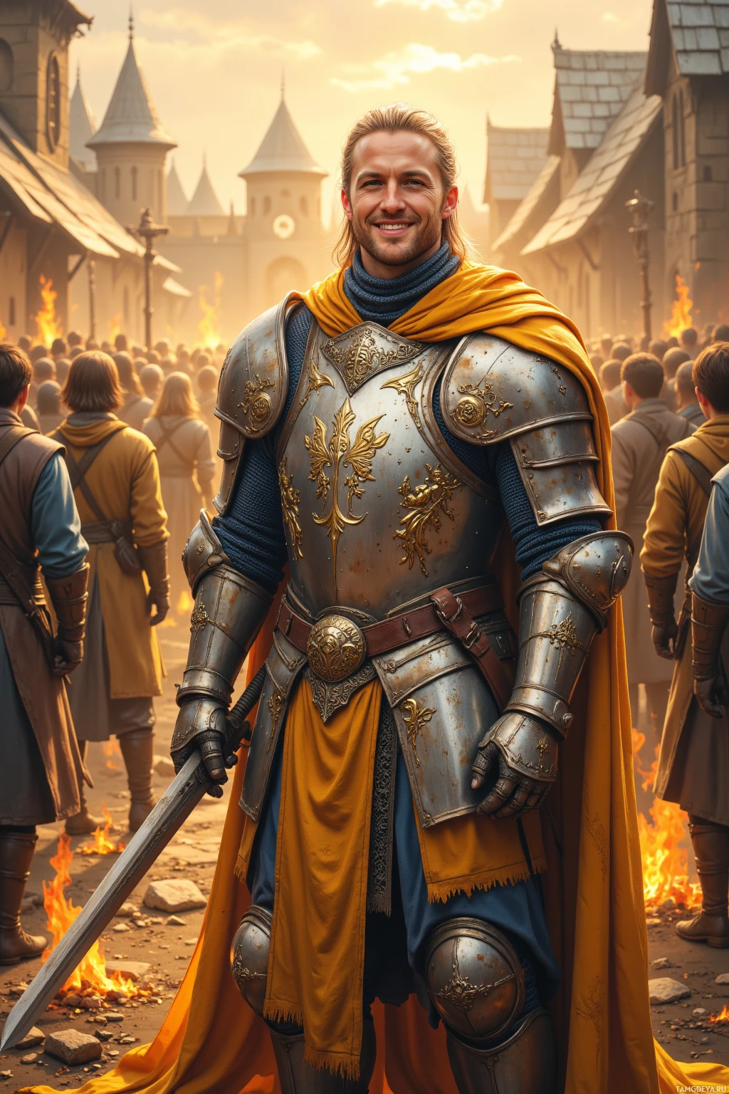 Realistic high quality photo. male knight, 32, tall muscular, long blonde hair tied at the back, bright blue eyes, fair skin, shining silver armor etched with scenes of justice, golden cloak flowing, standing before a sunrise‑lit village with a keep in the distance, sword in hand, laughing, surrounded by hopeful villagers, a line of fire blazing in front of him.