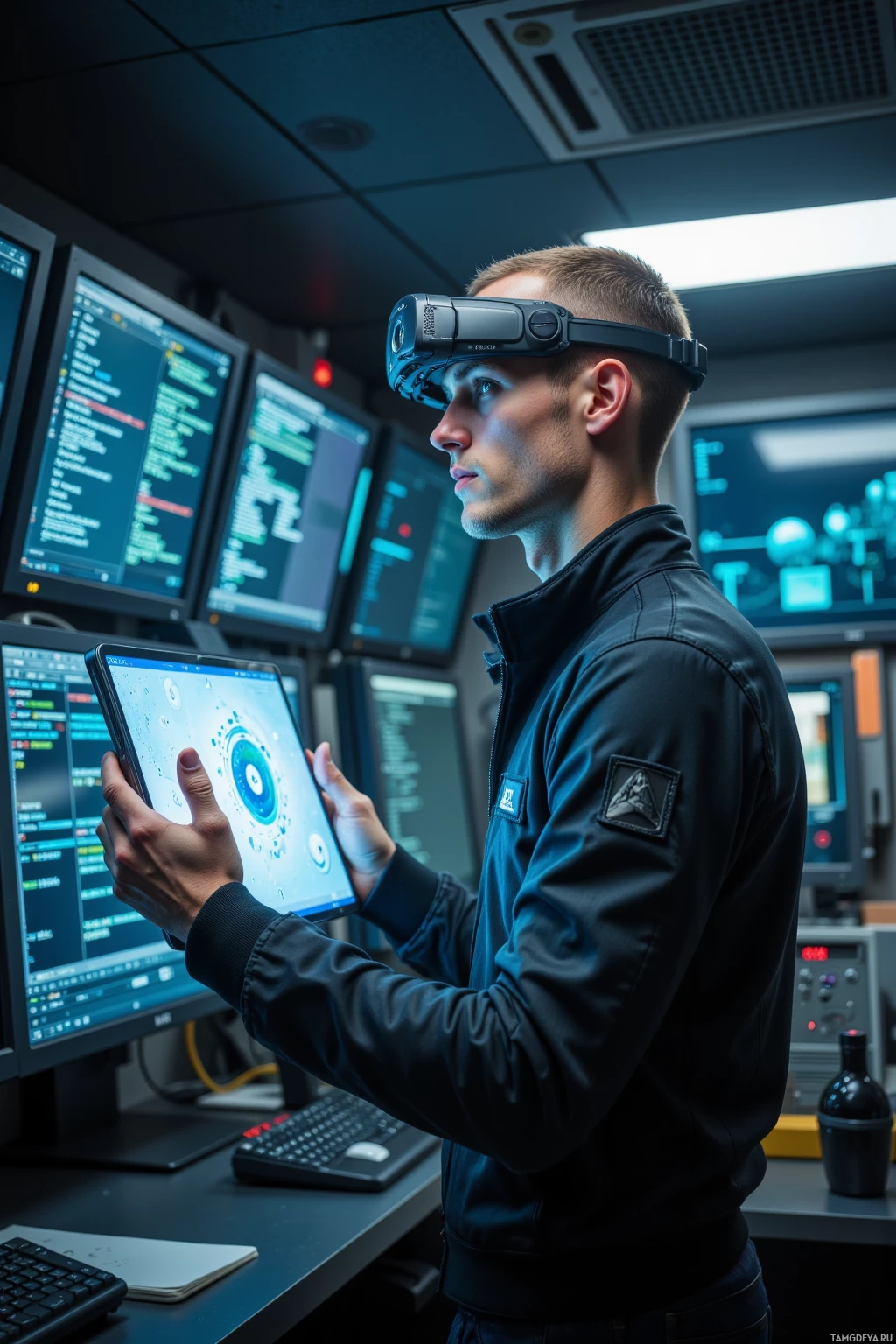 Realistic high quality photo. 24‑year‑old man with buzzcut, piercing blue eyes, athletic build, wearing a sleek pilot jacket, standing in a dimly lit tech lab surrounded by glowing monitors displaying lines of firmware code, holding a neural headset while watching a holographic stream of data bytes, a small hovering drone nearby, afternoon light filtering through a window, his expression focused and slightly frustrated.