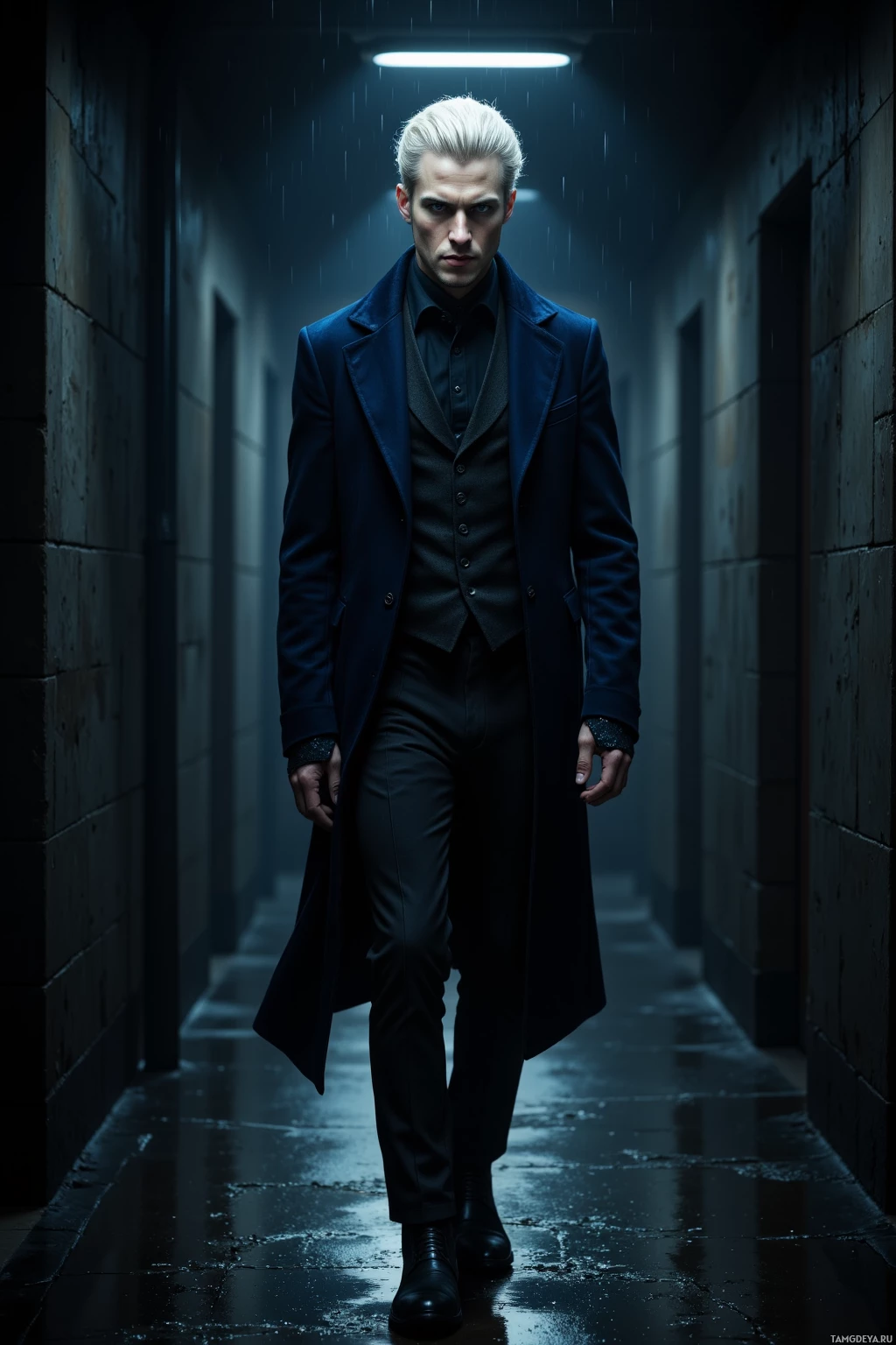 Realistic high quality photo. Tall 35‑year‑old man with platinum blonde hair slicked to the side, snowy skin, pale blue eyes, wearing dark velvet, walking alone in a dimly lit studio corridor at night while rain drips from the windows, shadows echoing his silhouette and evoking quiet melancholy.