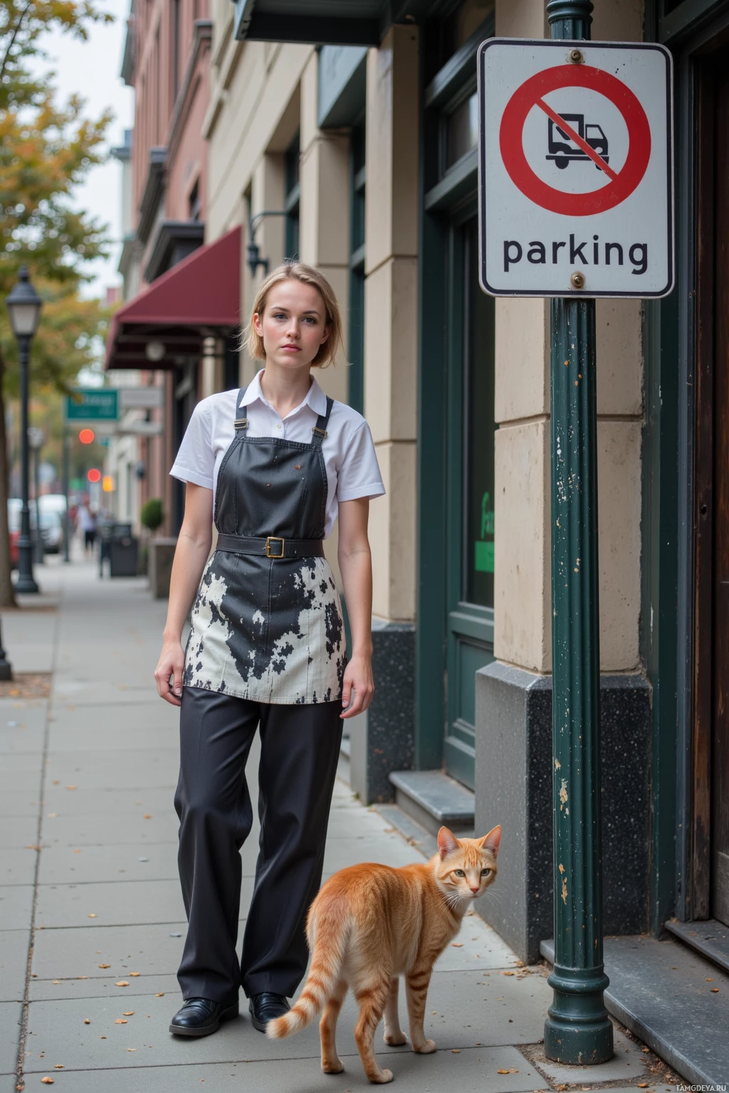 Realistic high quality photo. Early morning on an empty library sidewalk in the city, short light brown-haired woman with bright blue eyes wearing a white shirt under an ink‑stained apron and black pants, studying a “No parking” sign while a stray cat watches her intently.