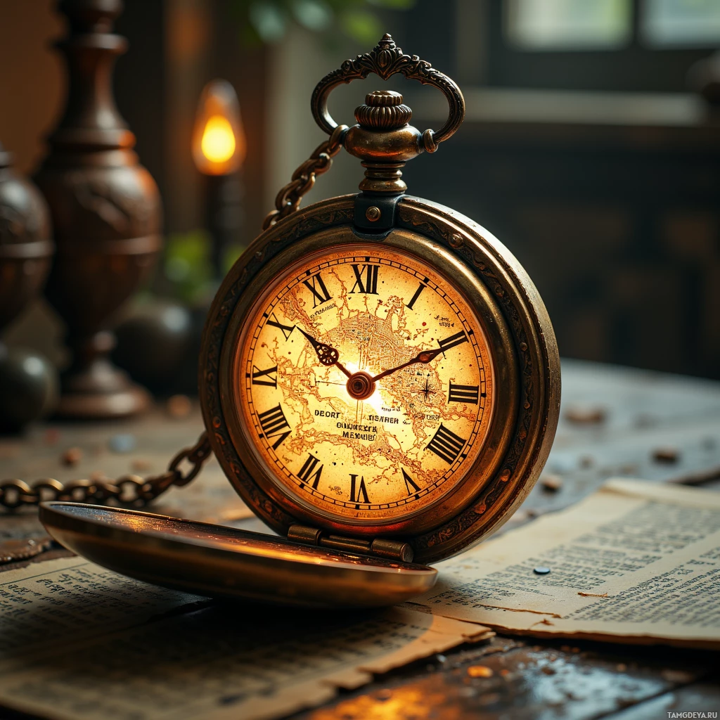 Semi-abstract image with many light, that is suitable for the post:  Rusted brass pocket watch with a smooth polished case, a faint iridescent glow on the dial, an etched miniature city map inside the glass, tiny whispering gears, and a back holding a microfilm reel of 1920s newspapers that animate in slow motion.