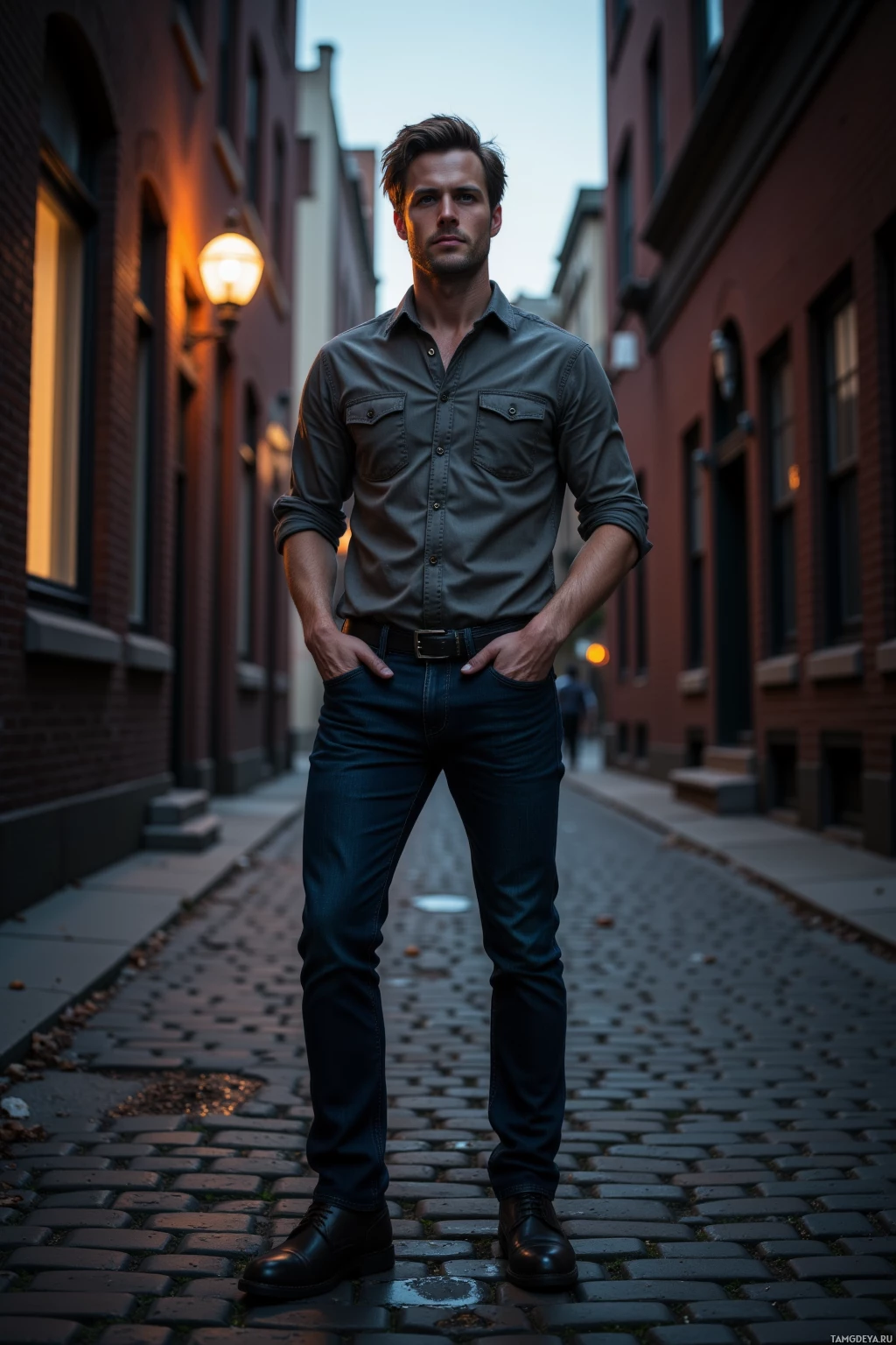 Realistic high quality photo. Man, 38, light brown hair, blue eyes, fair skin, strong jawline, wearing a casual button‑up shirt and dark jeans, standing on a cracked brick in a dim downtown back alley at dusk, introspective expression, surrounded by brick walls, a flickering streetlamp, and the distant hum of traffic.