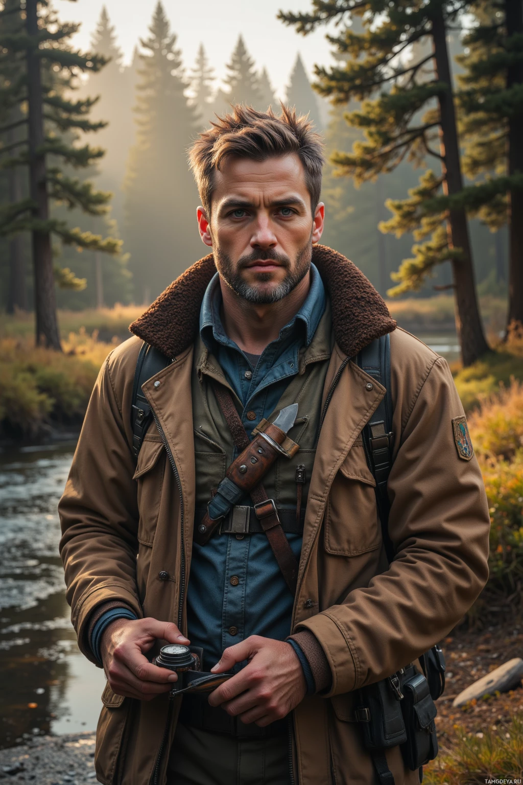Realistic high quality photo. Seasoned ranger (male, 44) with salt‑and‑pepper hair, piercing blue eyes, light stubble, wearing a rugged weather‑torn earth‑tone coat, standing at dawn in an old pine forest beside a gentle river, holding a worn knife, compass and notebook while guiding young learners to read moss and wind.