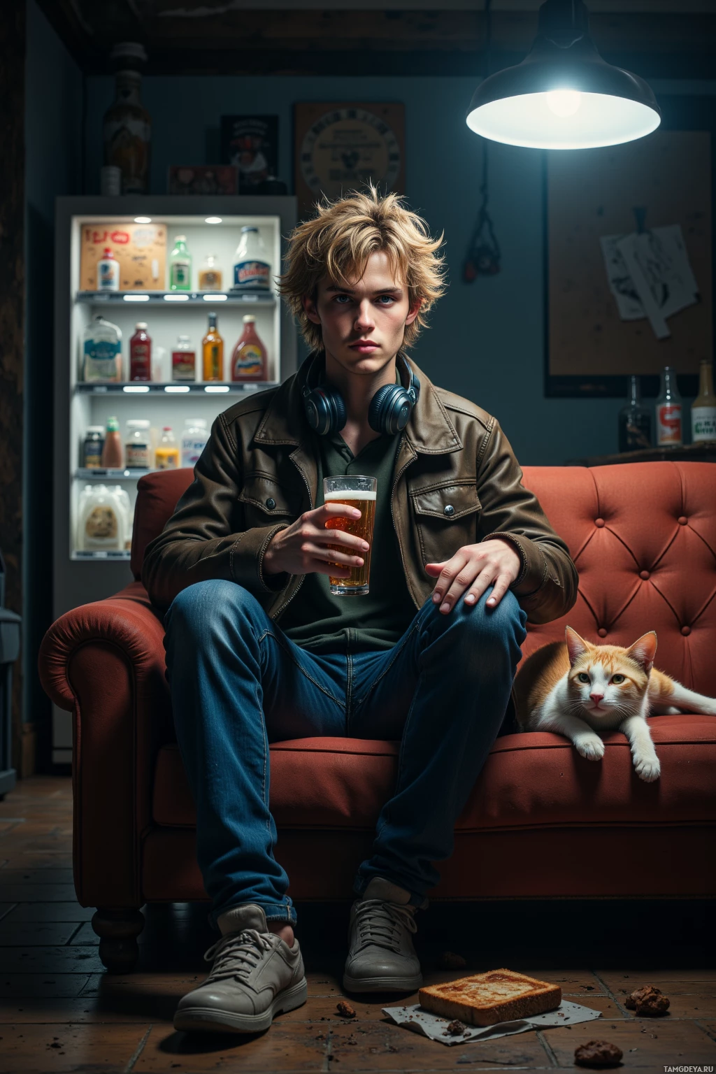 Realistic high quality photo. A brooding young poet with messy blonde hair, blue eyes, stubbled jawline and pale skin, wearing a worn leather jacket, faded jeans and sneakers while holding a beer, sits on a couch in a dim second‑floor apartment illuminated by flickering fluorescent light, beside burnt toast and an old vending machine, headphones draped over his ears as a cat in a beret curls around him.