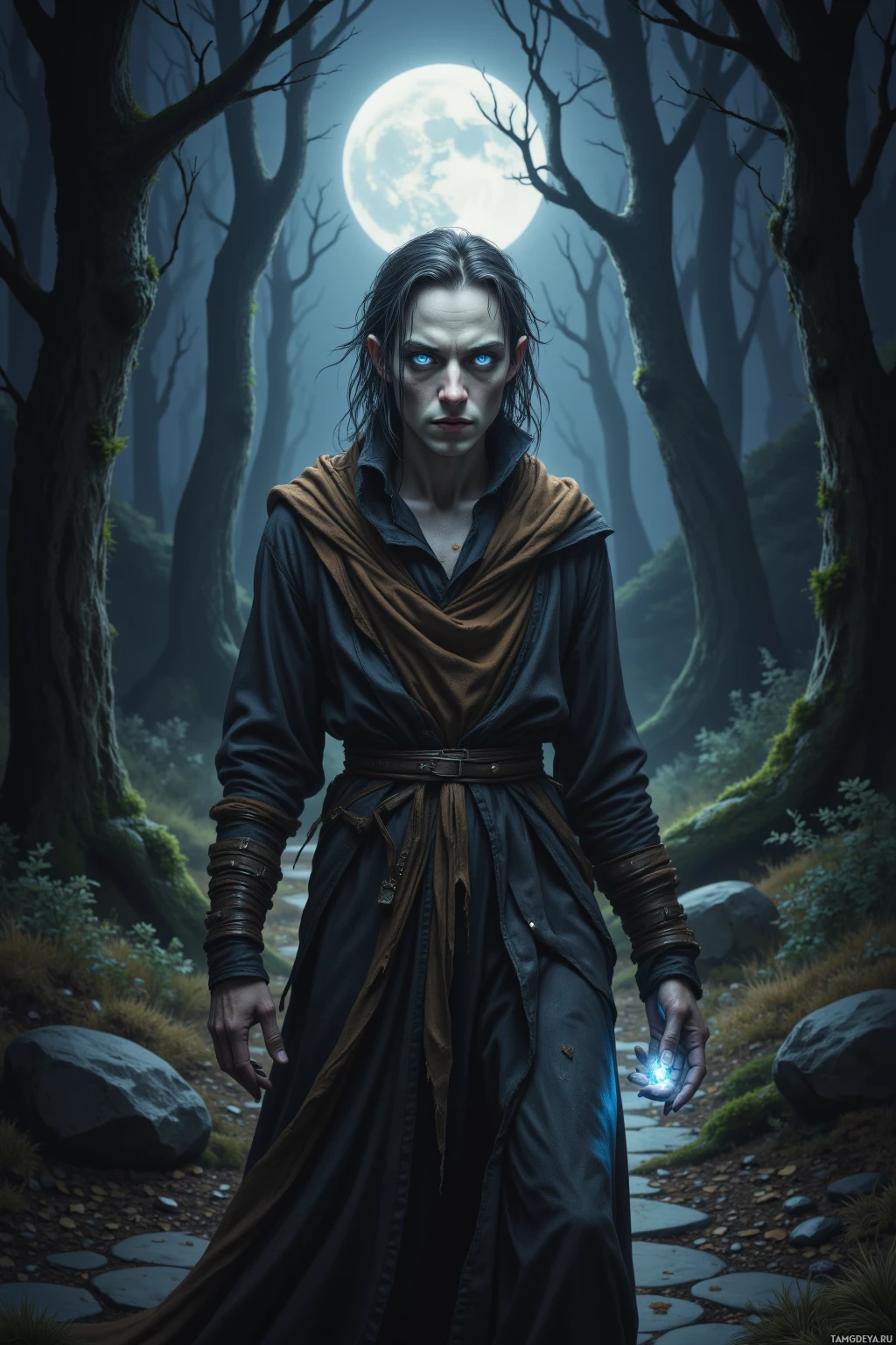 Realistic high quality photo. A gaunt man with sparse light dark hair hanging long and unkempt, large pale blue eyes, very pale skin, sharp facial features, wearing ragged dark brown robes tied with a worn leather belt, walks silently through a moonlit forest clearing at midnight, clutching a small glowing silver bead that illuminates the surrounding shadows.