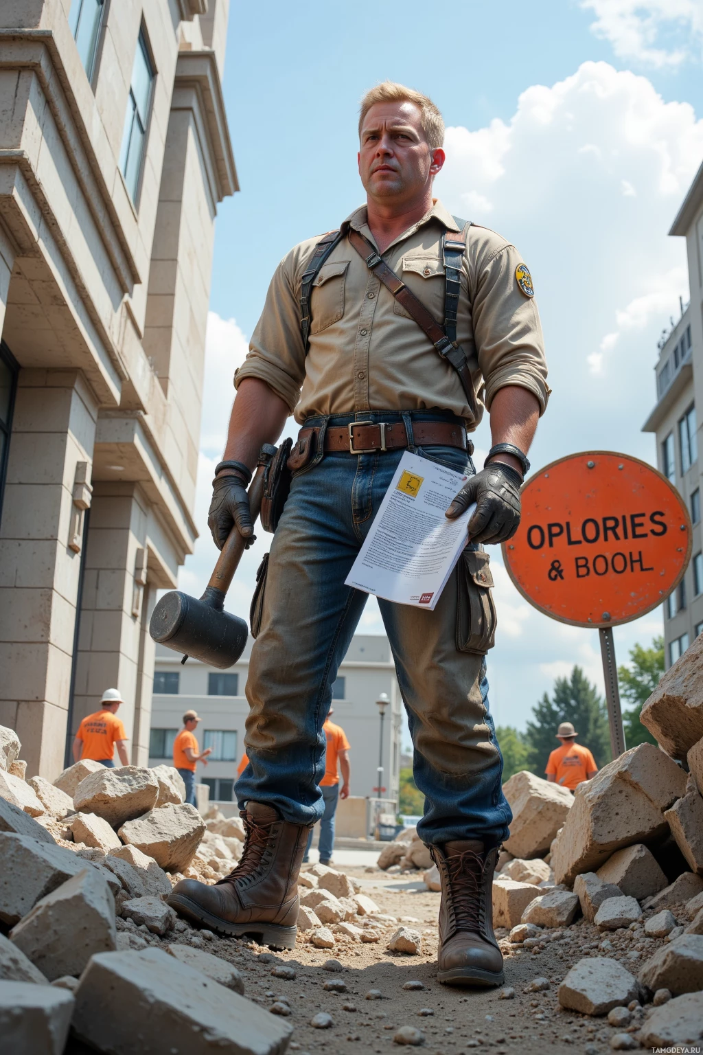 Realistic high quality photo. A rugged 39‑year‑old demolition expert with short blonde hair, piercing blue eyes, broad shoulders, wearing a worn work shirt, steel boots, gloves, and a massive hammer at his side, stands at noon in a modern construction yard, holding a permit in one hand and staring at a large road sign blocking the crew’s route, jaw set and ready to ignite an explosive charge, surrounded by safety barriers, concrete piles, and his crew in work overalls.