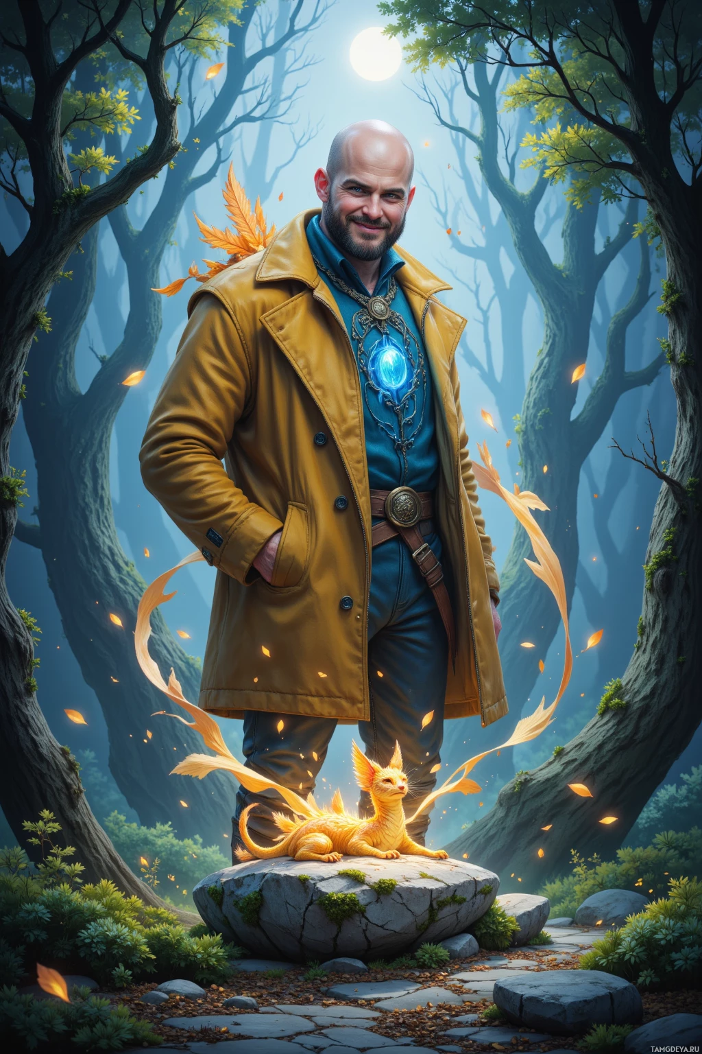 Realistic high quality photo. A round, bald 31‑year‑old man with bright blue eyes, a warm smile, fair skin, wearing a bright yellow jacket, standing in misty Glimmergrove surrounded by shimmering enchanted breadcrumbs, while a sleepy dragon tap‑dances on a moonlit stone with a gentle ribbon of reality swirling around them.